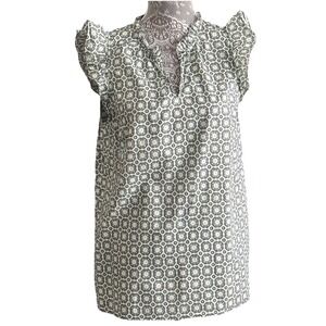 Talbots Large Flutter Sleeve Ruffle Neck Blue Green Lightweight Cotton Pullover